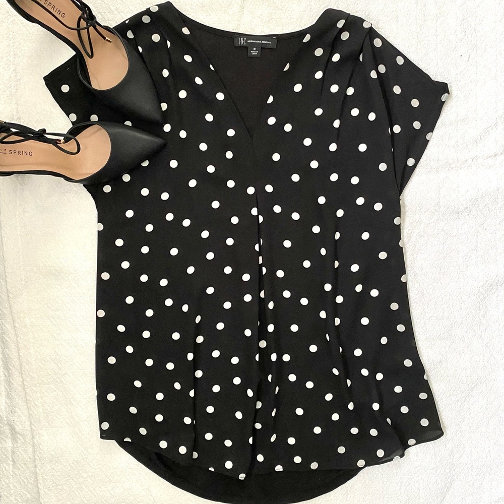 INC Black Polka Dot Inverted Pleat Dressy Top